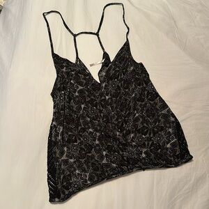 Free People Women’s Tank Medium Black & Grey Print with Open Knit Side Panels
